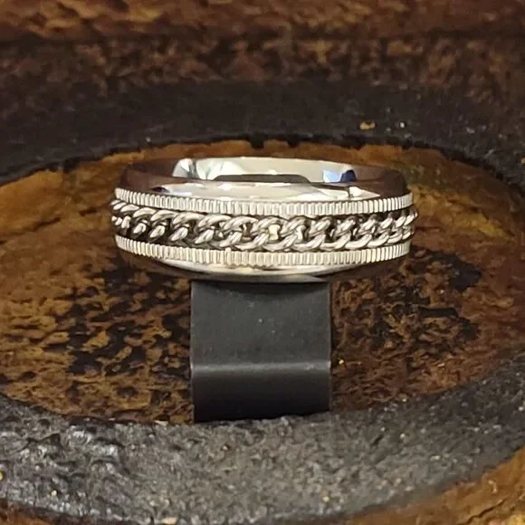 Men's Silver Chain Spinner Promise Ring Band - Anxiety Fidget Ring - Picture 6 of 8